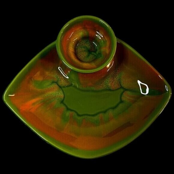 MCM California Pottery #743 Chip & Dip Serving Dish Green & Orange Glaze - Picture 1 of 9